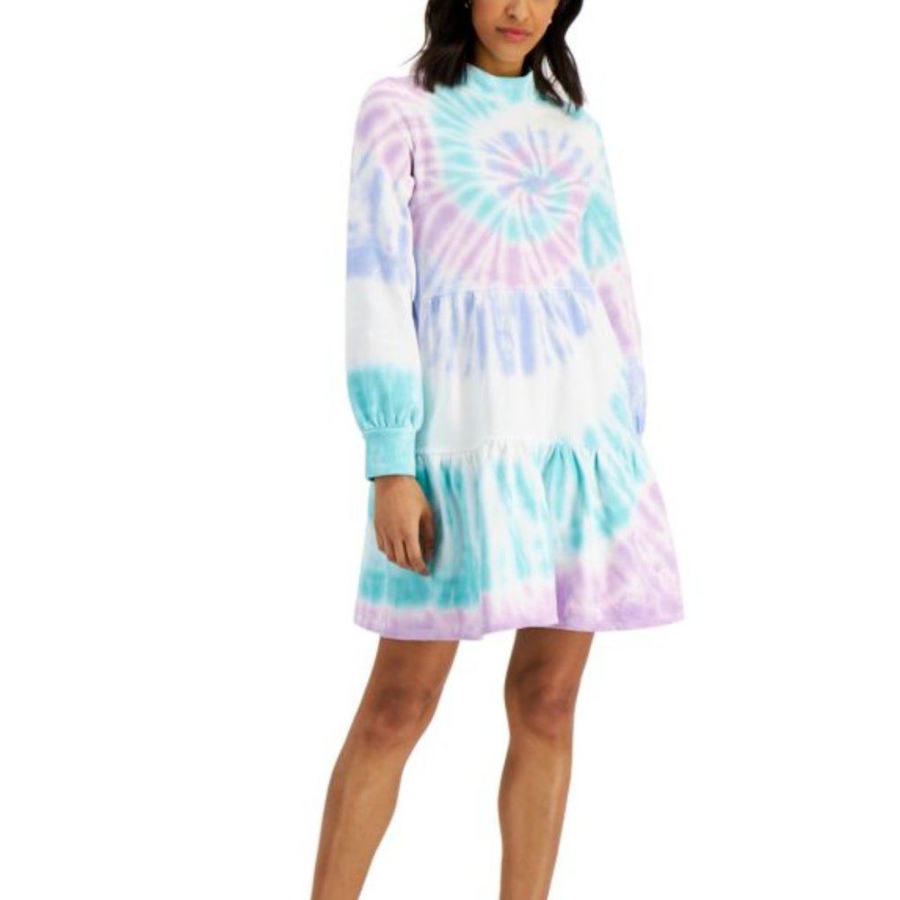 SIZE:SP STYLE&CO BLUE,PURPLE,WHITE TIE DYE LNG SLV MOCK NECK SWEATSHIRT DRESS